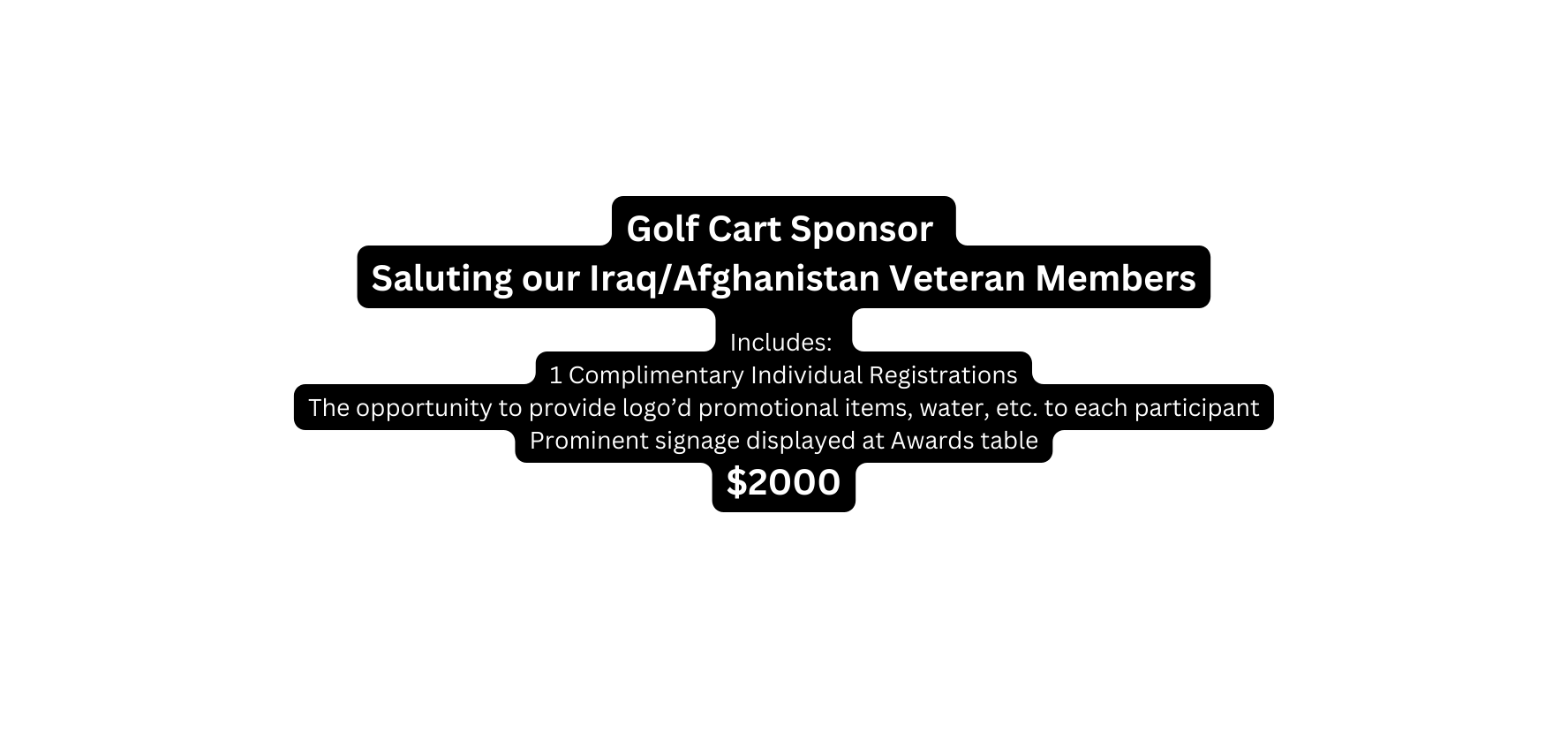 Golf Cart Sponsor Saluting our Iraq Afghanistan Veteran Members Includes 1 Complimentary Individual Registrations The opportunity to provide logo d promotional items water etc to each participant Prominent signage displayed at Awards table 2000