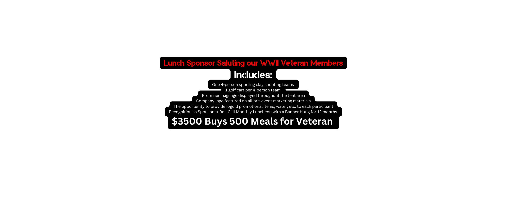 Lunch Sponsor Saluting our WWII Veteran Members Includes One 4 person sporting clay shooting teams 1 golf cart per 4 person team Prominent signage displayed throughout the tent area Company logo featured on all pre event marketing materials The opportunity to provide logo d promotional items water etc to each participant Recognition as Sponsor at Roll Call Monthly Luncheon with a Banner Hung for 12 months 3500 Buys 500 Meals for Veteran