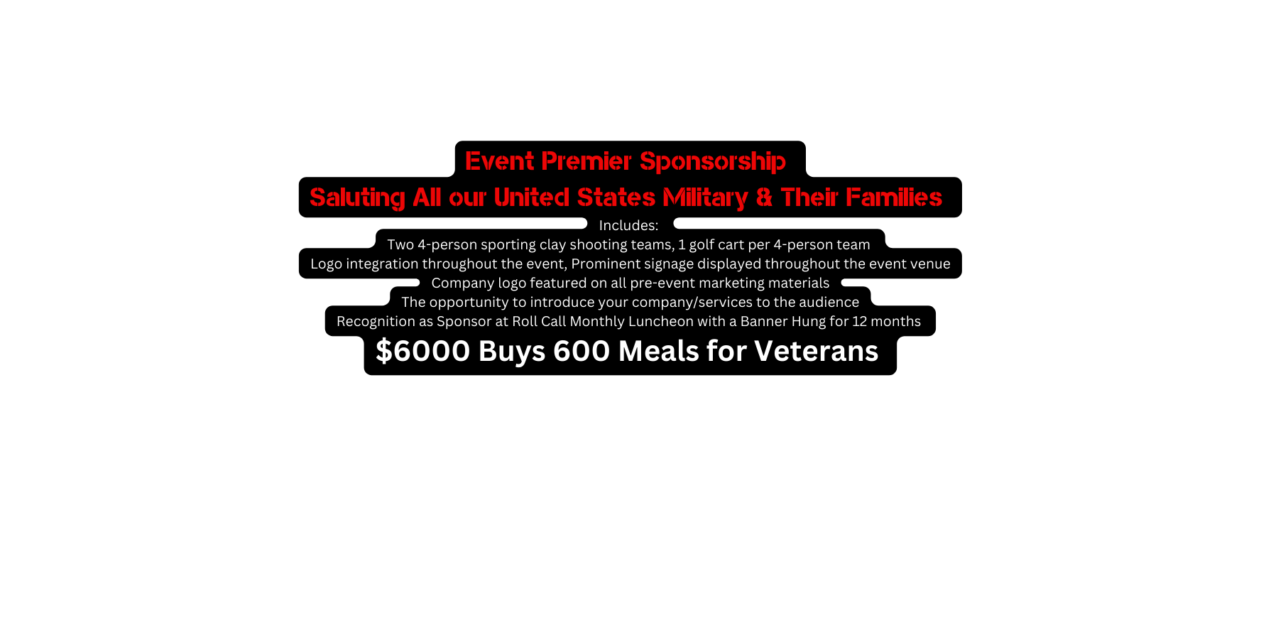 Event Premier Sponsorship Saluting All our United States Military Their Families Includes Two 4 person sporting clay shooting teams 1 golf cart per 4 person team Logo integration throughout the event Prominent signage displayed throughout the event venue Company logo featured on all pre event marketing materials The opportunity to introduce your company services to the audience Recognition as Sponsor at Roll Call Monthly Luncheon with a Banner Hung for 12 months 6000 Buys 600 Meals for Veterans